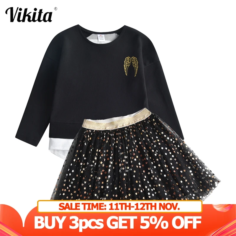 

VIKITA Children Clothing Sets for Girl Sequins Wing Appliqued Tops T shirt and Star Mesh Tulle Skirts Girls Clothes Sets
