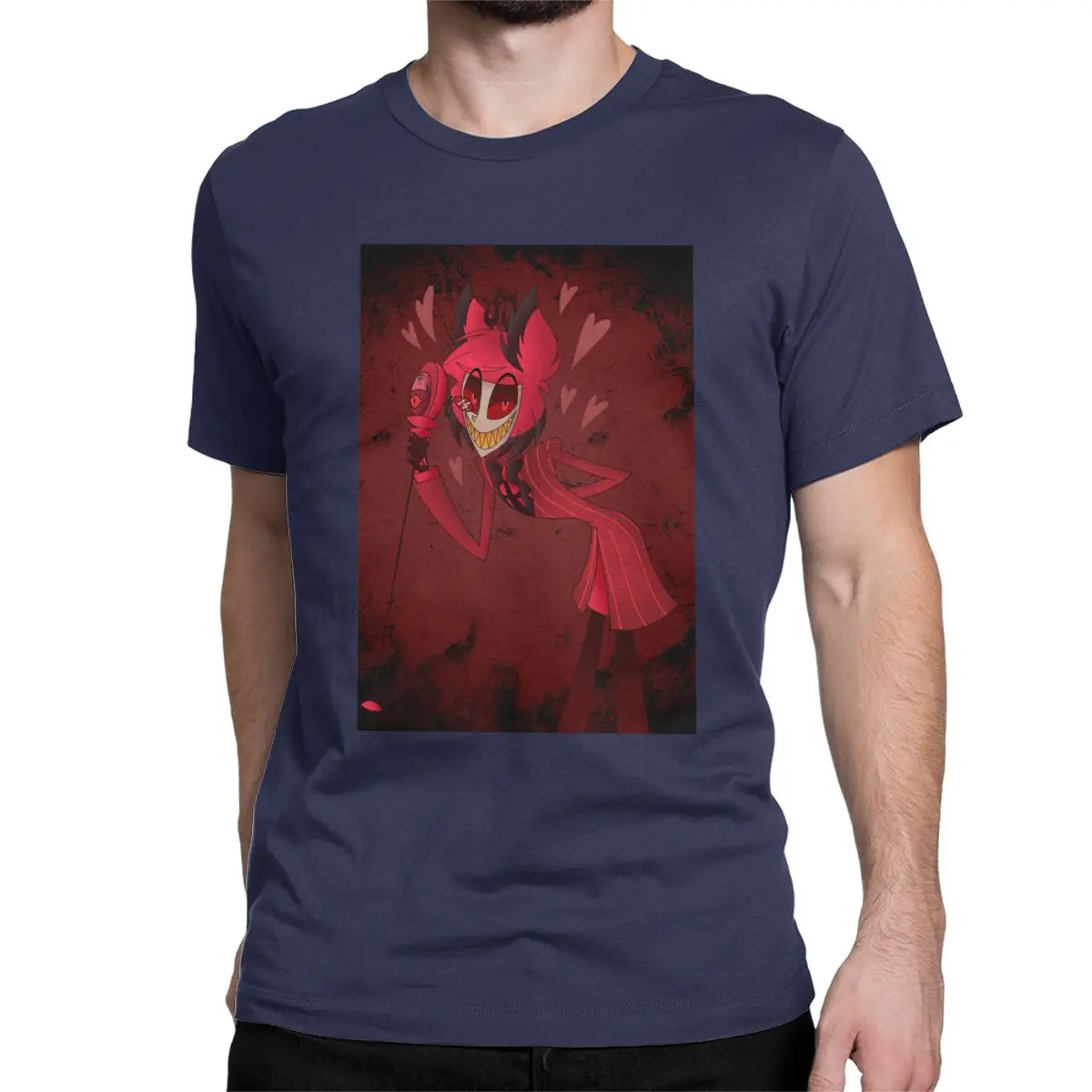 Мужские футболки Love Of Alastor, хлопковые топы Hazbin, винтажные футболки с коротким рукавом и круглым вырезом, футболки размера плюс - Цвет: Тёмно-синий