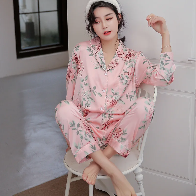 

QWEEK 2019 New Long Sleeve Satin Sleepwear for Women Summer Thin Loose Pyjamas Two Piece Fashion Ice Silk Print Pajamas Women