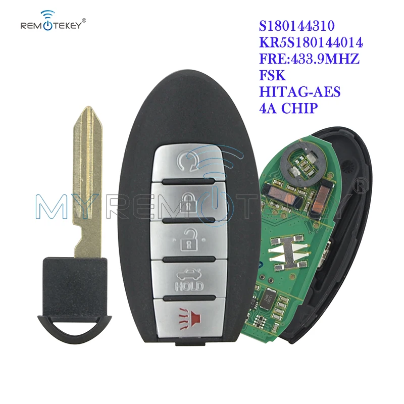 Remtekey KR5S180144014 5 Button 433mhz 4A Chip S180144310 For Nissan Murano 2015 Altima Maxima 2016 2017 2018 Smart Car Key kigoauto 4button smart car remote key 433 9mhz fsk hitag aes for nissan altima maxima murano 2017 2016 4a chip kr5s180144014