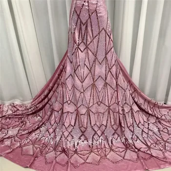 

pink African Net Lace Fabric velvet High Quality Lace Nigerian Wedding Bronzing Lace Fabrics Sequins French Tulle Lace Material