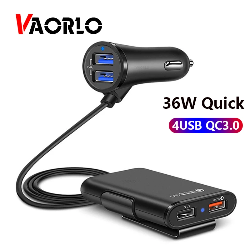 Car Charger Car Phone Charger VAORLO 36W Quick Charge 3.0 USB Car Charger Extension Cord Cable Car Usb Charger Passenger Rear
