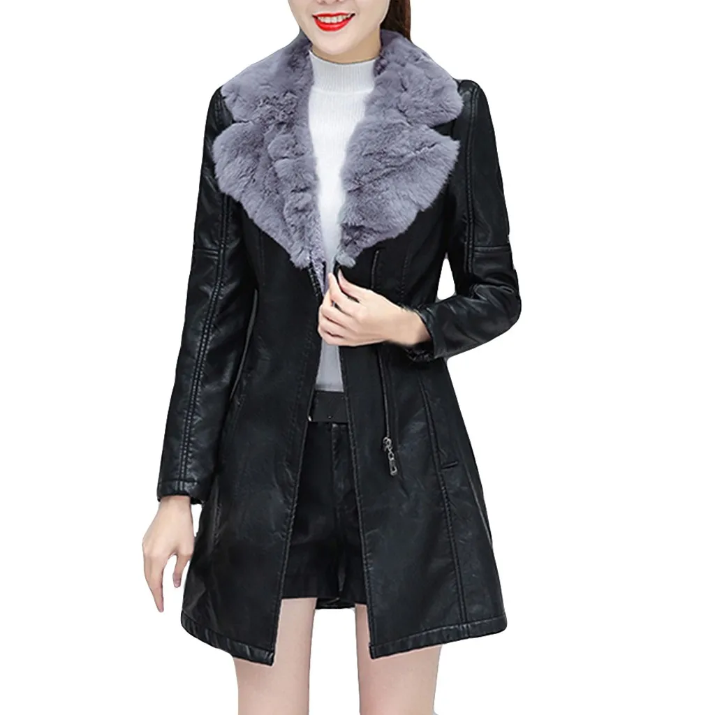 Fashion Pure Colour Long Sleeve Coat Leather Jacket Women Big Size Lapel Thick Long Sleeve Loose Coat