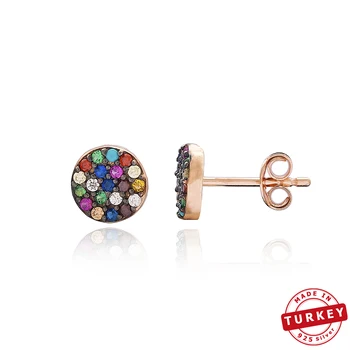 

925 Sterling Silver Stud Earrings Colorful Stone Minimalist Round Shape Turkish Handmade SPENTA Jewelry