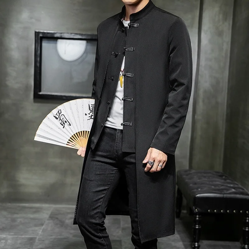 Chinese Style Long Windbreaker Jacket Men Streetwear Oriental Clothes Men Hip Hop Chinese Mandarin Jacket Coat KK3150
