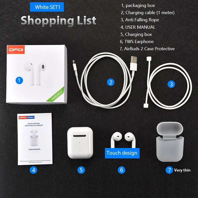 White SET1 DFOI AirBuds 2 Bluetooth наушники беспроводные наушники гарнитура настоящие беспроводные наушники спортивные Bluetooth наушники 5,0 мини TWS HIFI - Цвет: White SET1