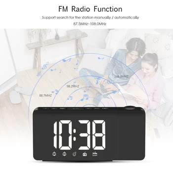 

New Digatal LED Alarm Clock FM Radio Desktop Table Decor USB Projection Alarm Clock Rotatable Projector Dual Alarms Snooze Funct