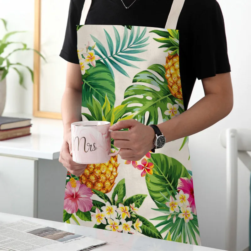 Pineapple Pattern Kitchen Aprons for Women Tropical Leaves Cotton Linen Bibs Household Cleaning Pinafore Home Cooking Aprons
