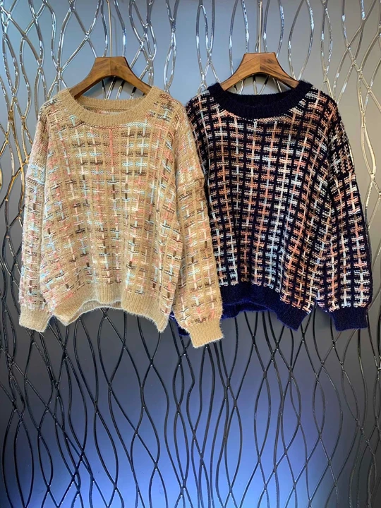 Early autumn new women's round collar Plaid knitted decorative loose-sleeved sweater knitted shirt 1004