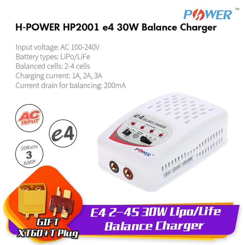 

H-Power E4 2-4S Lipo/Life RC Balance Charger 1-3A 30W 100-240V Input T/XT60 plug for RC helicopter car Quadcopter