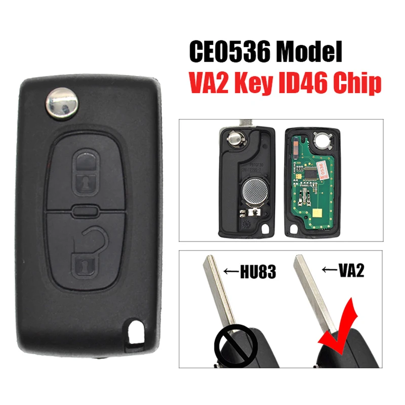 P0040 раскладной ключ с 2 кнопками 434 МГц ID46 чип VA2 0536 Тип для Peugeot 207 307 308 Citroen C3 C4 C5
