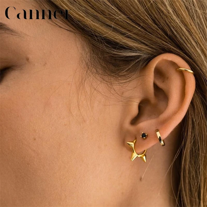 

925 Sterling Silver Geometric Bead Rivet Hoop Earrings for Women Simple Personality Punk Gold color Eearrings Fashion jewelry