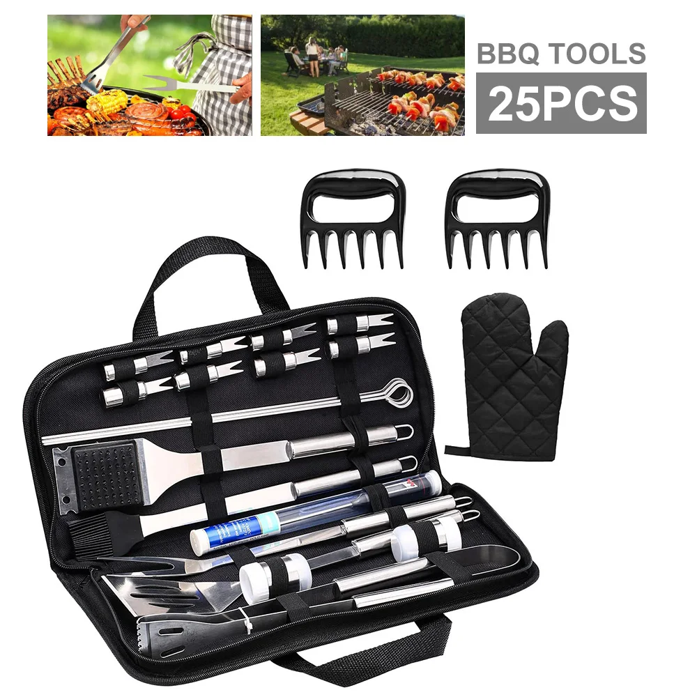 25Pcs BBQ Tools Set 16-Inch Stainless Steel Grill Accessories Kit With Storage Bag For Outdoor Cooking Camping and Backyard |