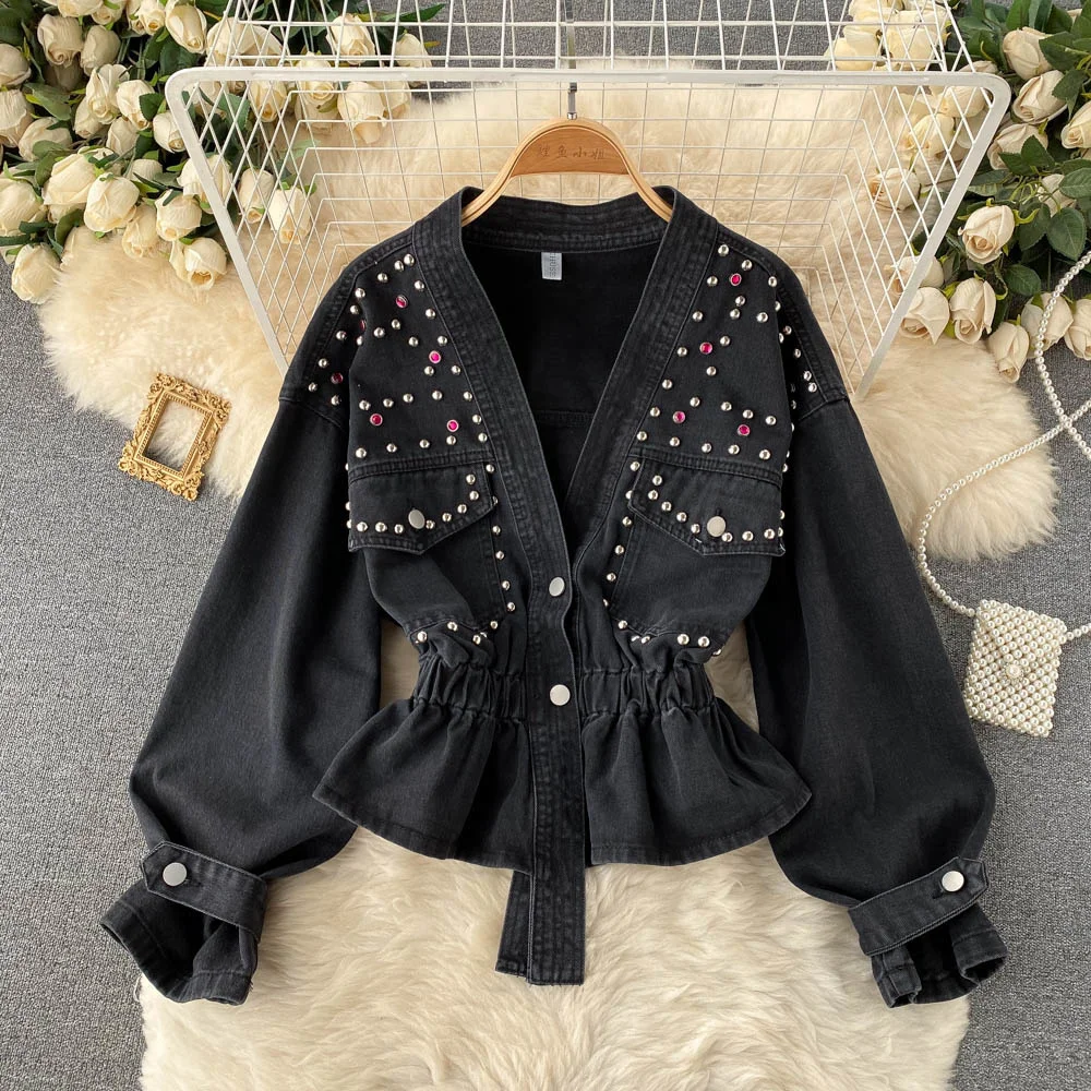

Denim Jacket Women Black Beading V-neck Long Sleeve Single Breasted Elastic Waist Short Jeans Coat Fashion Spring Autumn Clothes