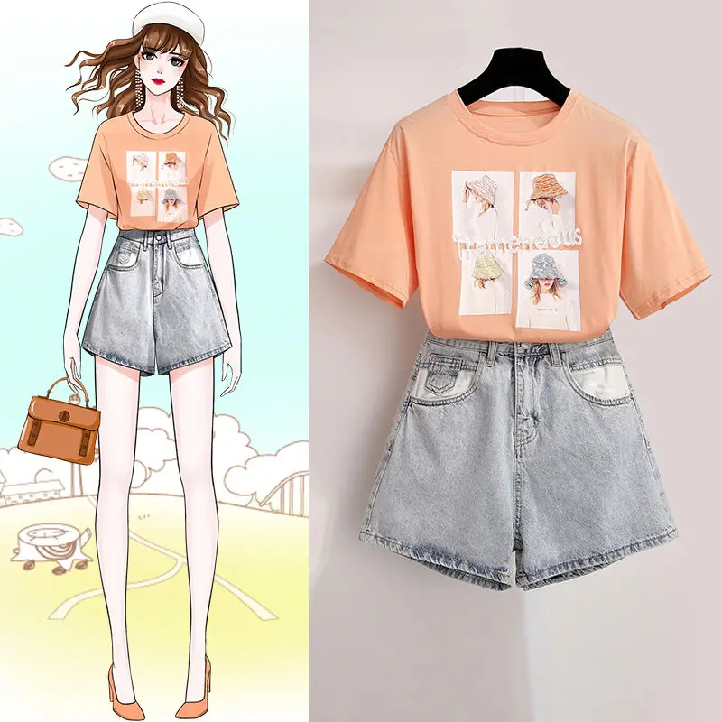 Женский летний комплект из 2 предметов хлопковая Футболка с принтом + шорты