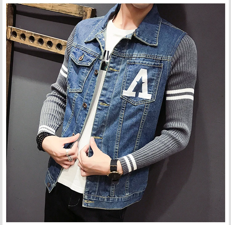 Autumn Clothing New Style Men Cowboy Jacket Printed Joint Knit Sleeve Double Bag Large Size Men'S Wear