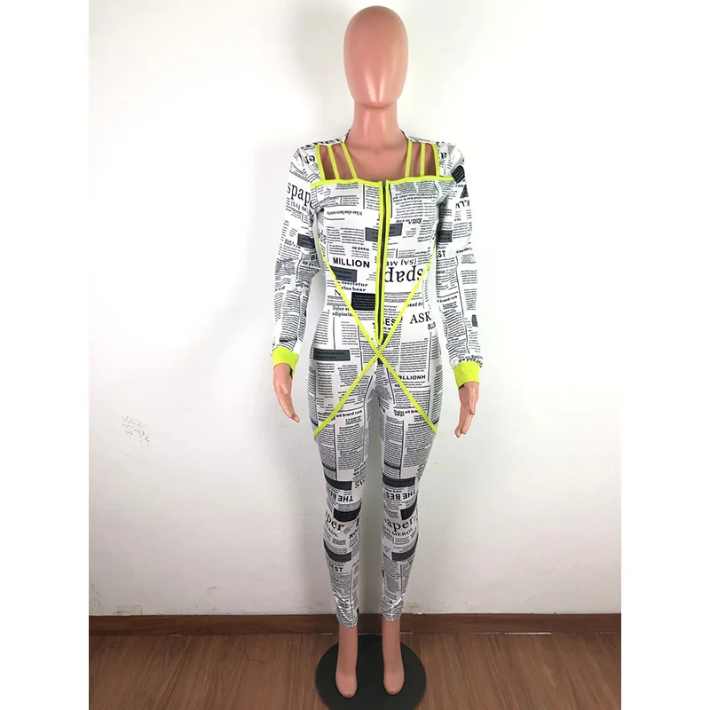 Casual Jumpsuit Print Newspaper Bodysuit Woman Clothes Sexy Bodysuit Overalls Rompers Womens Jumpsuit Plus Size 2xl - Color: Yellow