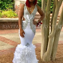 Длинное Элегантное платье для выпускного вечера es сексуальное кружевное платье с v-образным вырезом, расшитое бисером белое перо черное платье для выпускного вечера в африканском стиле