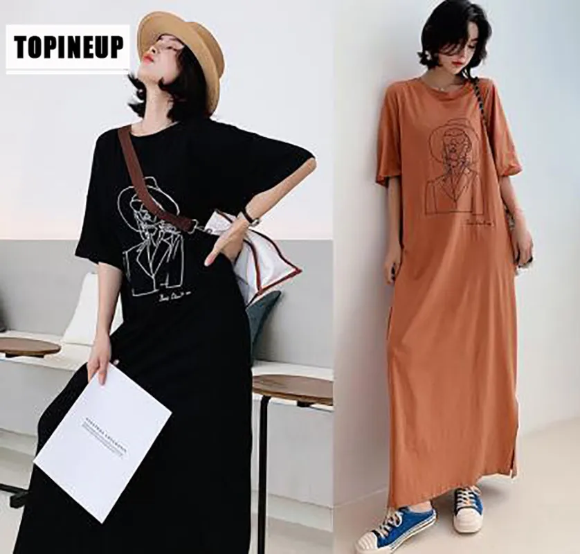 Fashion Cartoon Print Plus Size Summer Dress Cotton Casual O-Neck T-shirt Batwing Sleeve Women Dress Tops Vestidos De Fiesta