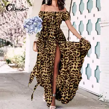 

5XL Summer Long Dress Celmia Ruffles Women Sexy Off Shoulder Maxi Sundress Leopard Print Buttons Party Beach Vestidos Robe Mujer