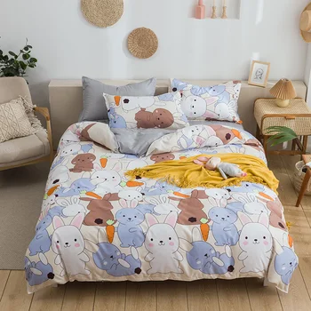 

Rabbit and Carrot Print Bedding Set Lovely Cartoon Animal Duvet Cover Set Bed Sheet Pillowcase Bedclothes for Kids Adults 3/4pcs