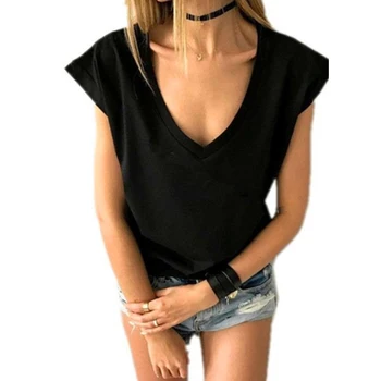 

Basic Deep V-neck Female T-shirt Solid Short Sleeve Casual Slim Women Shirts 2020 Spring Summer Fashion Sexy Ladies Top Clothes