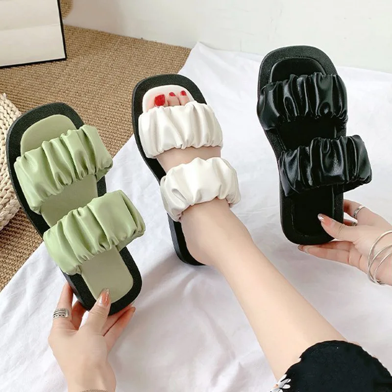 

2020 New Spring Summer Square Toe Shallow Pu Leather Pleated Hit Colors Platform Slippers Women Shoes Fashion Tide 35-40