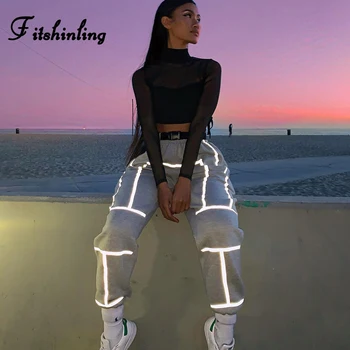 

Fitshinling Reflective Striped Women Sweatpants With Belt Casual Slim High Waist Pants Grey BF Style Athleisure Joggers Female