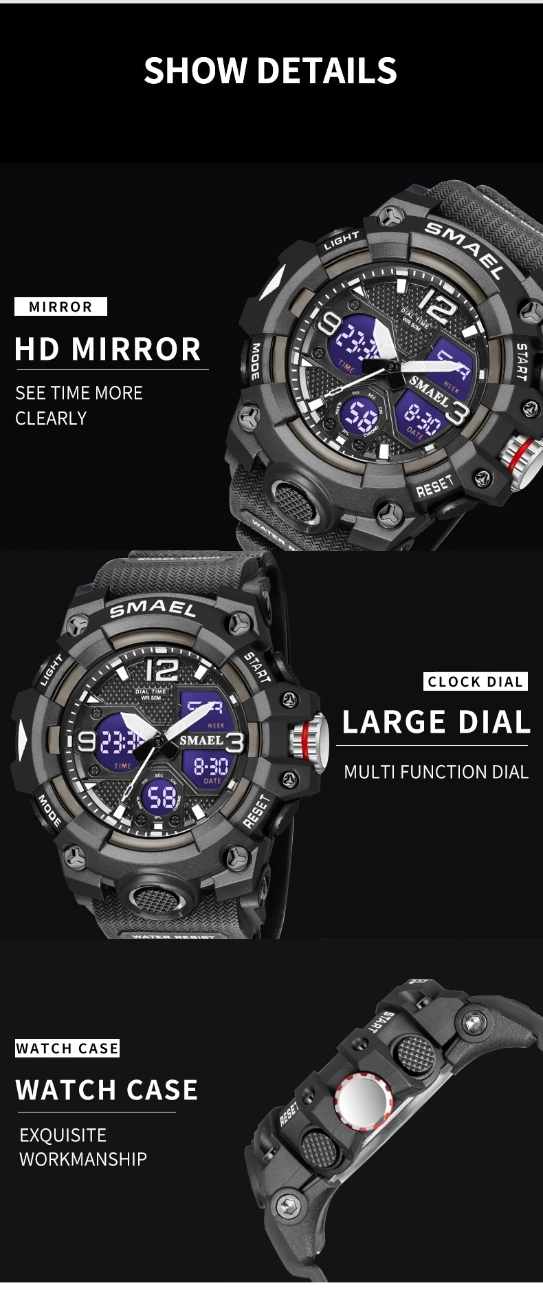 SMAEL 2021 New Sport Watch Military Watch For Men Alarm Clock Stopwatch LED Digital Back Light Dual Time Display Men's Watches