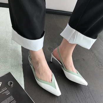 

Fashion Women Sandals Pointed Toe Mules Shoes Back Buckle Strap Mixed Colored Thin Mid Heels Sandals Summer Dress Shoes Woman