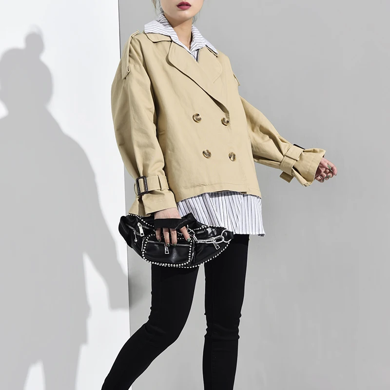 Autumn and Winter New Windbreaker Women Fashion Waistband Striped Shirt Splicing Fake Two Lace Up Double Row Button Cotton Coat