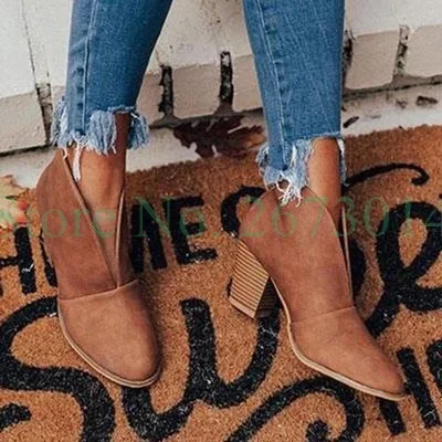 

2022 New Fall Women V port Rivets Suede Pointed Toe Buckle Brown Low Chunky Heels Slip on Riding Short Ankle Boots