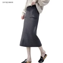 Серая Женская трикотажная прямая юбка с высокой талией и карманами, Осень-зима, элегантные длинные юбки на каждый день, Falda Mujer Saia Femme