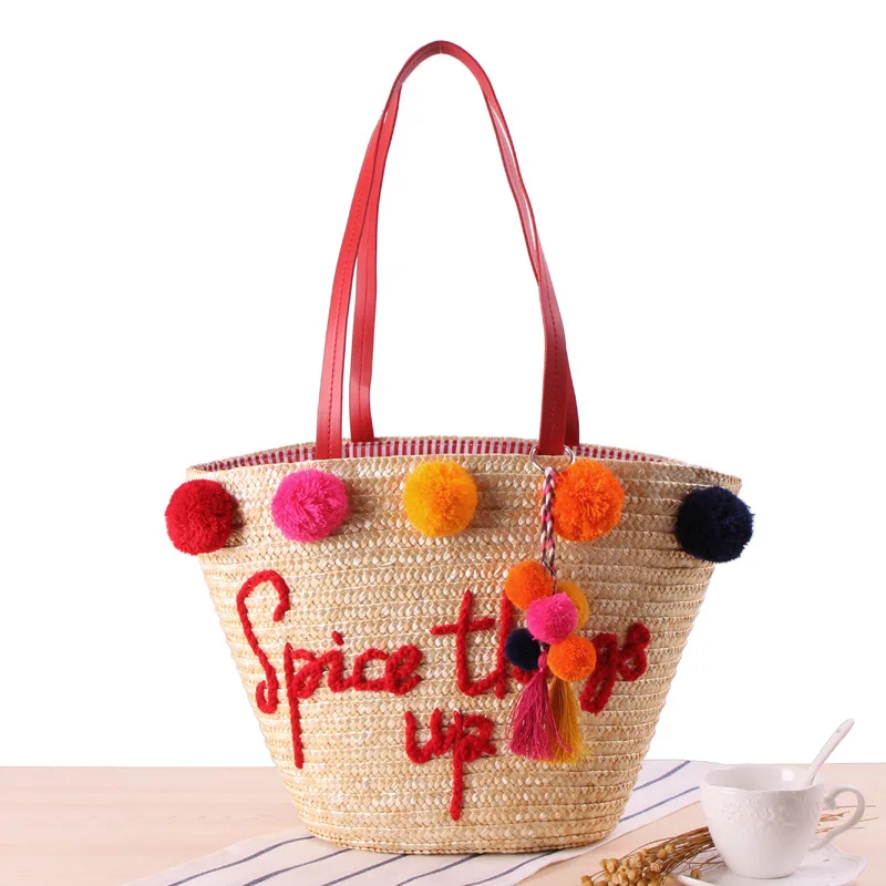 

A Generation of Fat New Style Hand Embroidery Lettered Shoulder Straw Bag Colorful Wool Ball WOMEN'S Fashion Handbag Beach Woven