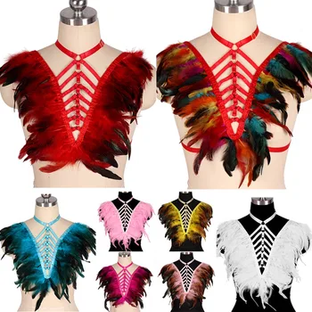

Feather Epaulettes Shoulder Wings Body Harness Cage Bra Strappy Tops Adjust Bralette Sexy Lingerie Punk Goth Club Party Rave