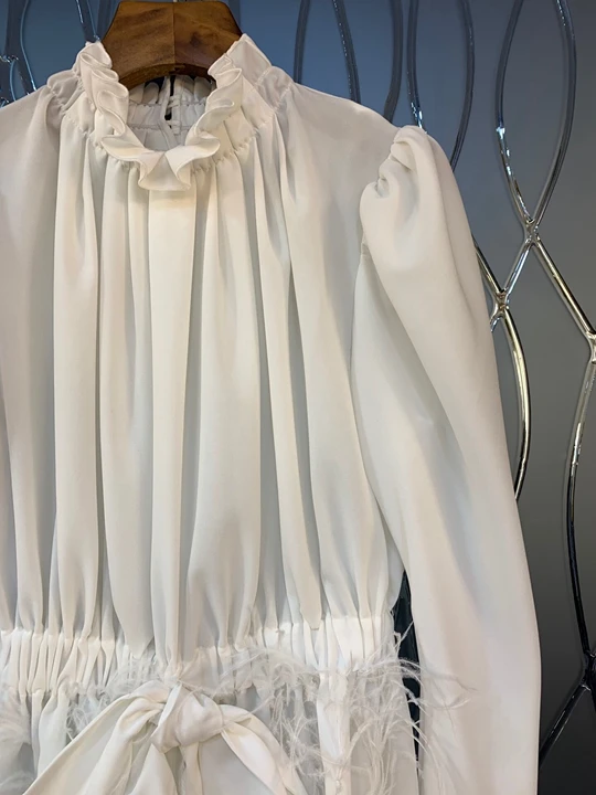 Early autumn new women's dress, crimped neckline, tie-in waist, hem, hair spliced loose dress 912