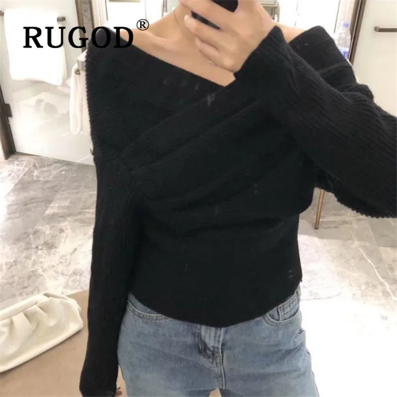 RUGOD, свитер с открытыми плечами, однотонный пуловер, джемпер, Зимние Топы для женщин, трикотаж, корейский стиль, женские свитера,, перекрестный дизайн