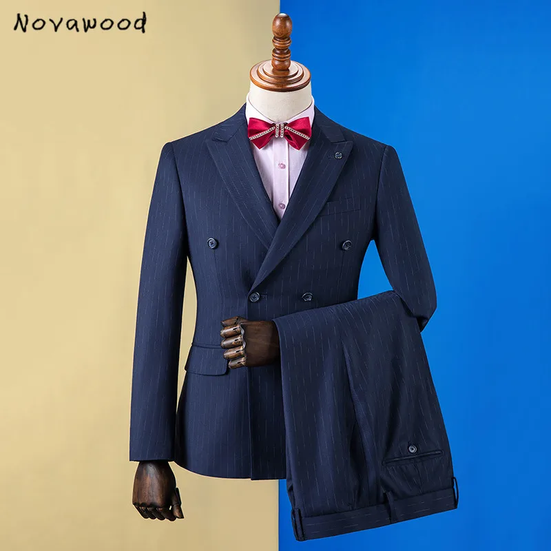 Novawwood темно-синие двубортные мужские костюмы из трех частей, Новое поступление, приталенный пиджак, мужские костюмы с брюками - Цвет: Navy Blue