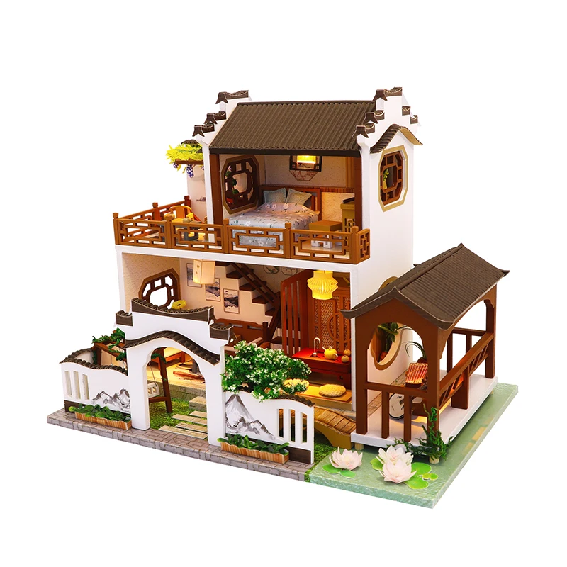 DIY Кукольный дом миниатюрный китайский стиль кукольный домик Строительная модель деревянные кукольные домики мебель сборный набор Каса игрушки для детей - Цвет: M912-A