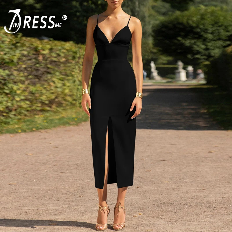 INDRESSME элегантные Для женщин Бандажное вечерние платье сексуальный ремень V образным вырезом с низким вырезом на спине, однотонные женское платье Vestidos