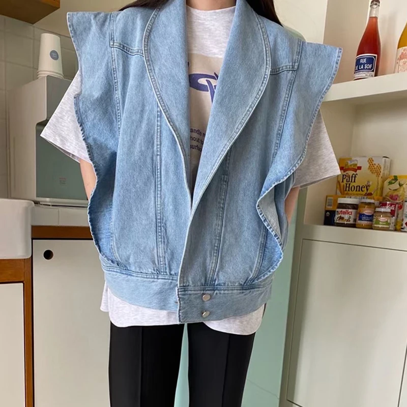 Harajuku Ruffles Oversize Denim Jacket Fashion Sleeveless Large Size Vest Tops Chic Streetwear Jeans Coat Single Breasted Jacket