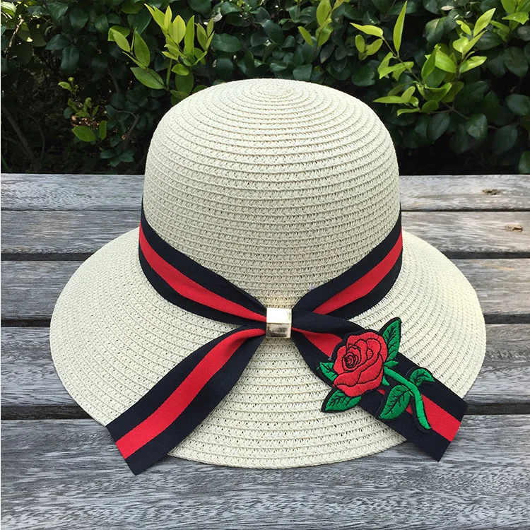 

2017 Summer Embroidered Rose Straw Hat Women's Outdoor Travel Sun-resistant Topee Metal Buckle Beach Sun Hat