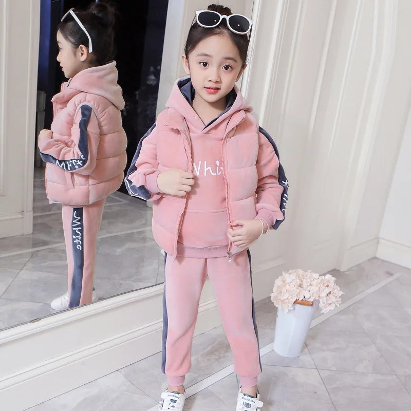 Pink three-piece Бархатный костюм золотистого цвета для девочек, утепленный бархатный жилет для больших мальчиков, теплый зимний костюм из трех предметов для детей 3-9 лет - Цвет: Pink three-piece