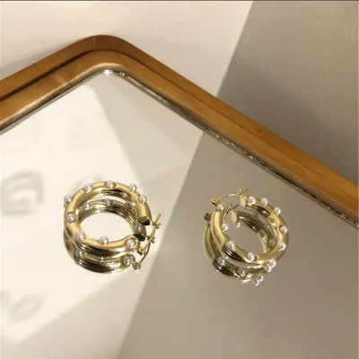 HUANZHI S925 Серебряный контактный корейский геометрический глянцевый матовый золотой металлический жемчуг C форма круг серьги для женщин девушек Вечерние - Окраска металла: A   Glossy