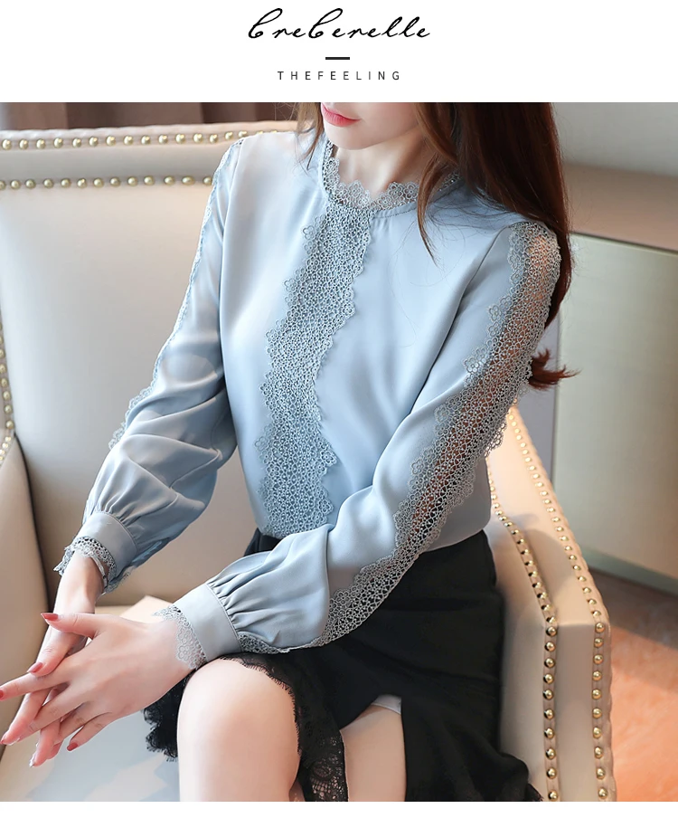 ladies tops and blouses womens clothing Office Lady Solid long sleeve chiffon lace shirts womens tops and blouses 5966 50