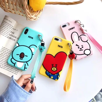 

3D Cute Cartoon BT21 Phone Case For iPhone 11 11Pro XS Max XR X 6s 7 8 Plus Soft Silicone Wrist strap Phone Cover gift coque