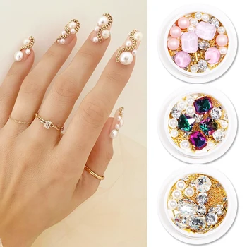 

1 Box Colorful Nail Rhinstone Pearl And Gold Metal Chain Flat Back Bottom Mixed Size Bling Crystal DIY 3D Nail Art Decorations