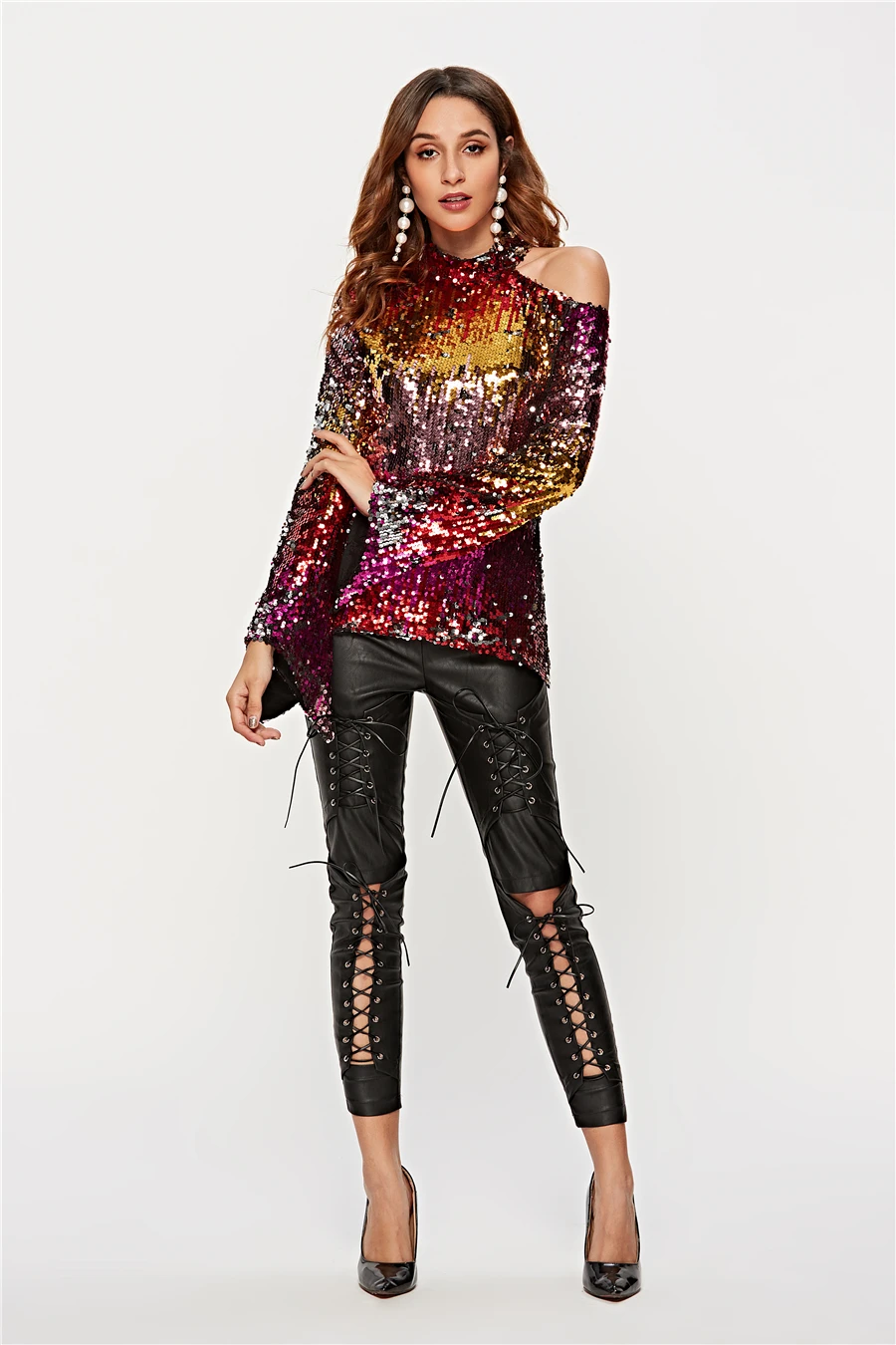 Осень Новая мода Топ Женская блузка с длинным рукавом o-образным вырезом Bling Sequined нерегулярные расклешенные рукава Повседневная рубашка
