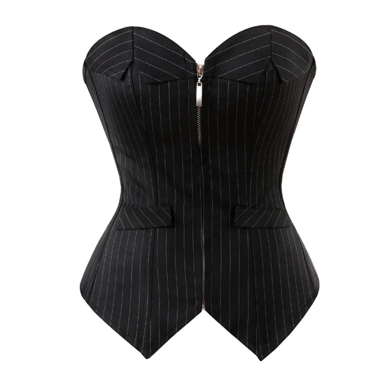 Sexy-Office-professional-Overbust-Corset-Top-Zipper-Lace-Up-Boned-Black-Stripe-Bustier-G-string-Plus