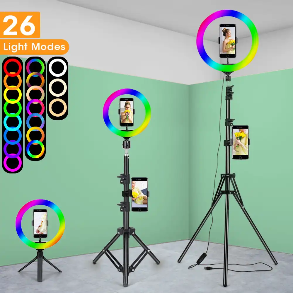 Rgbリングライト三脚電話クリップselfieカラフルなの写真撮影の照明vlogging Youtubeショートビデオフォトスタジオライブ Photographic Lighting Aliexpress